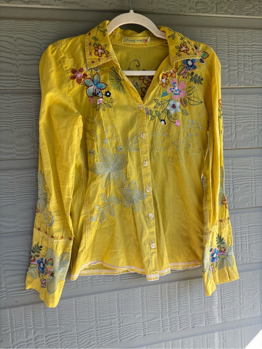 Johnny Was Yellow Embroidered Button-Down Shirt